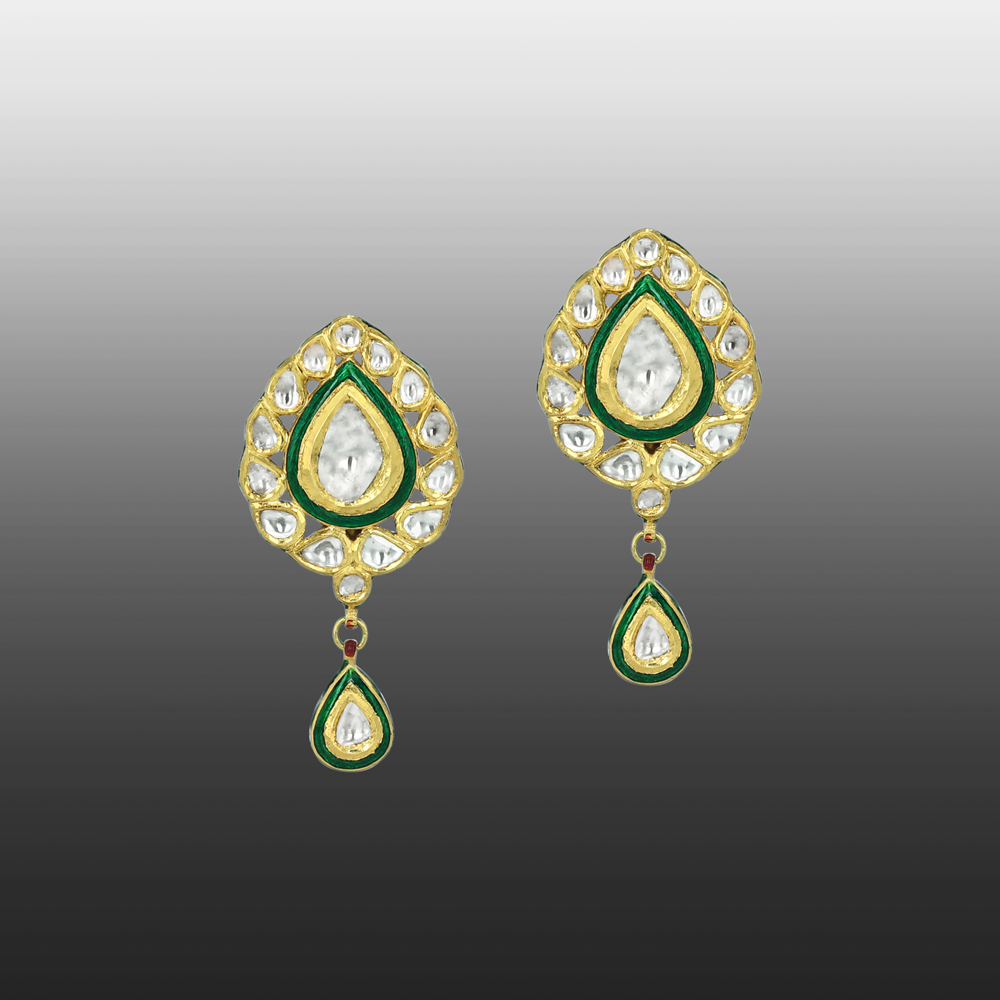 Teardrop Polki Earrings with Green Enamel
